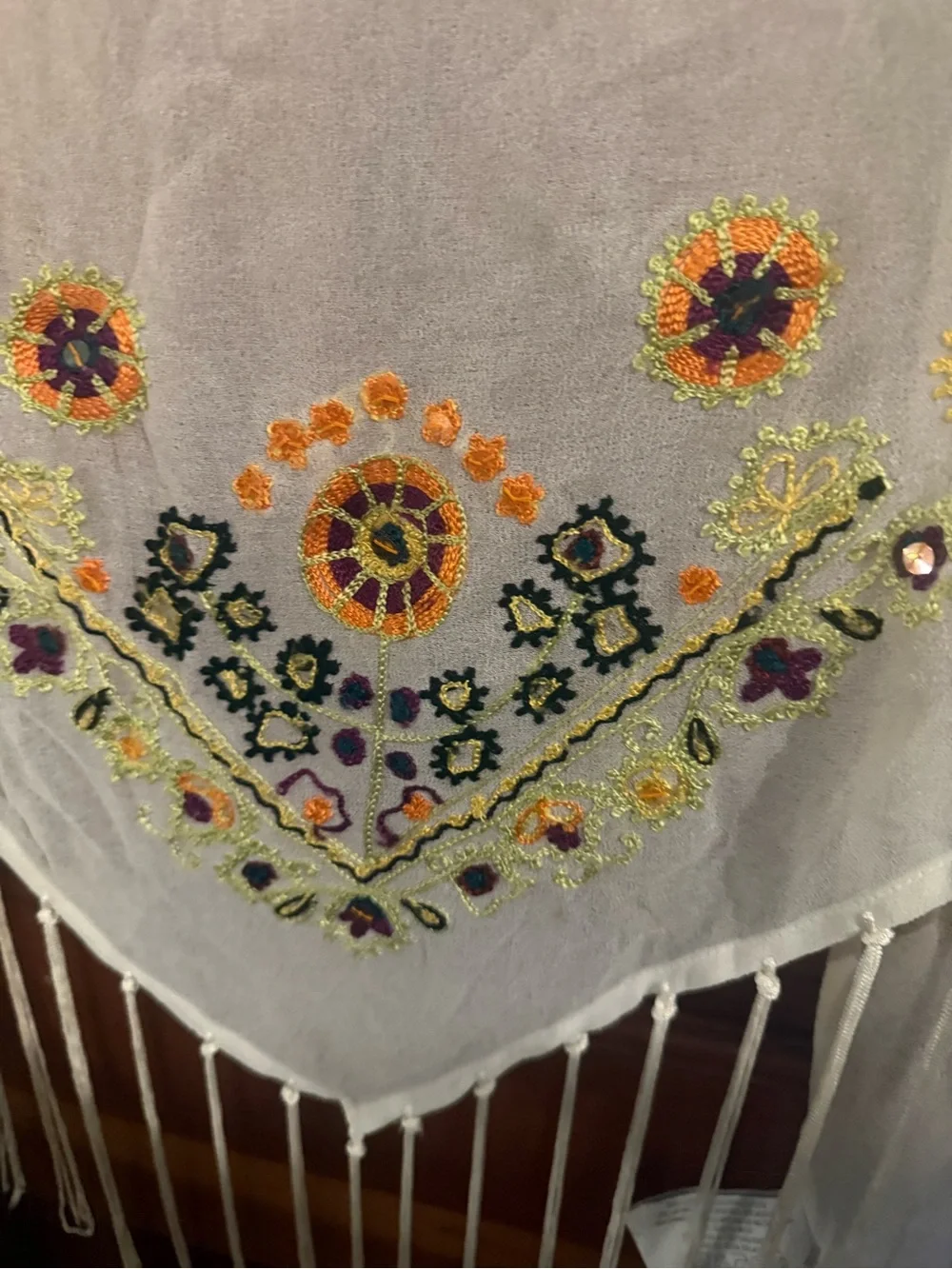 Liz Claiborne Cream Embroidered Fringe Shawl with Multicolor Floral Accents